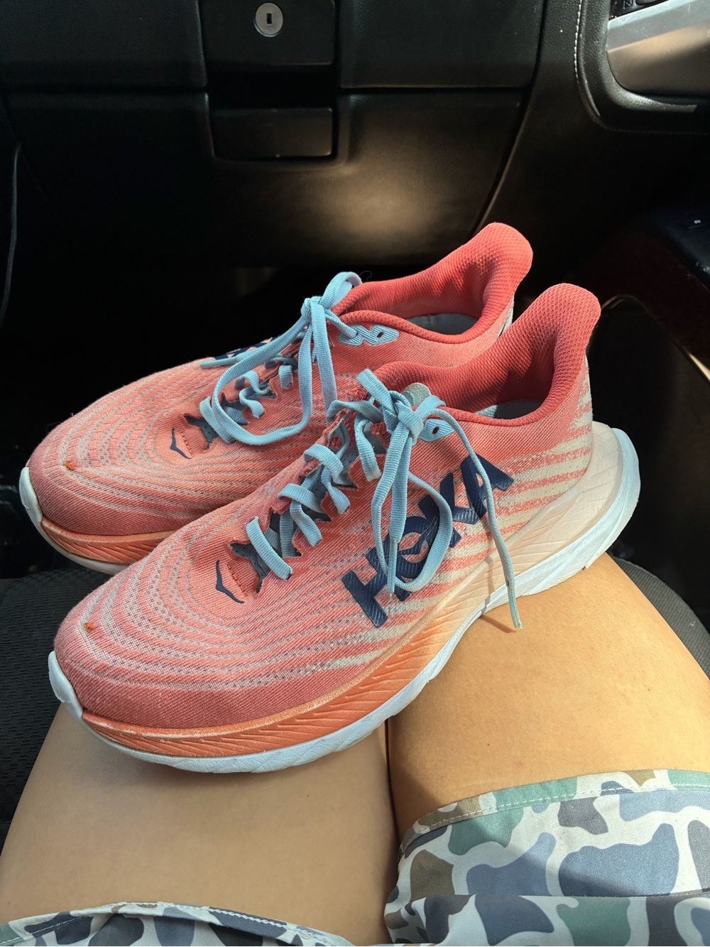 Women's Coral Performance Hokas Running Shoes with Light Blue Laces